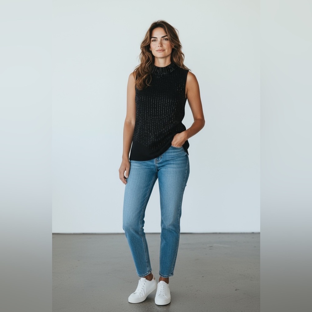 Women’s Sideffects Black Studded Beaded Ribbed Knit Sleeveless Tank Top Size L